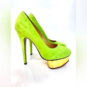 Charlotte Olympia Green Suede Dolly Platform Pumps